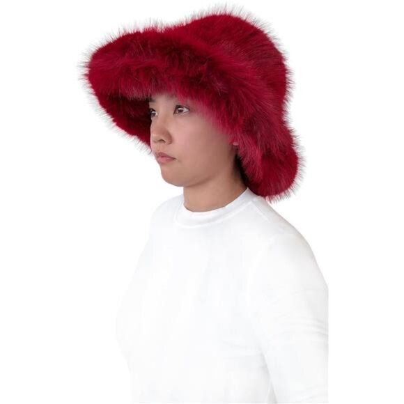 Oversized Winter Faux Fur Bucket Hat for Women Dark Red - Picture 3 of 4